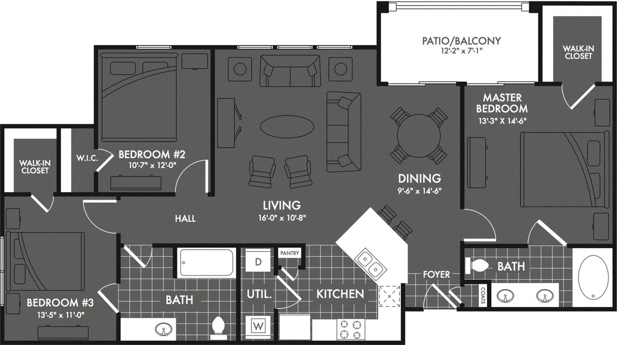 Floor plan for 3 beds, 2 baths, 1309 sqft